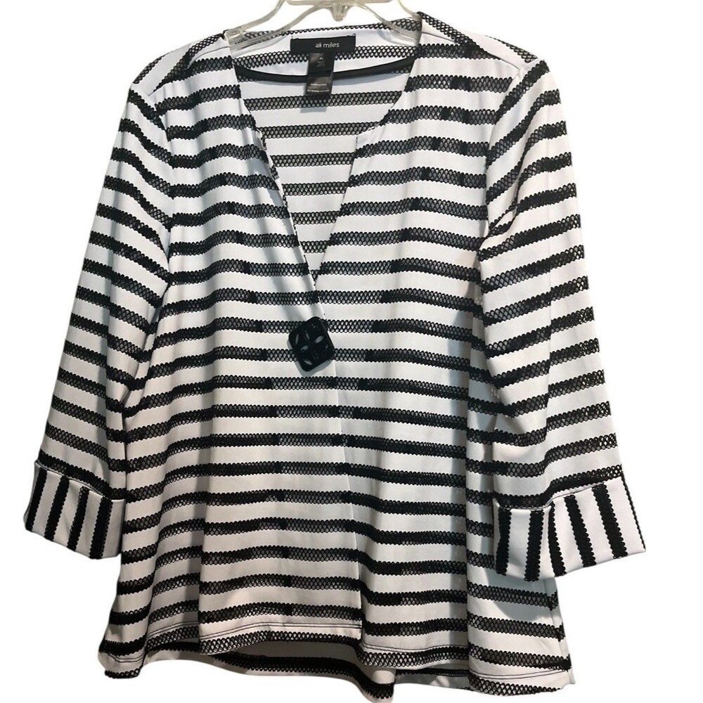 Ali Miles Women’s Top 3/4 Sleeve Sheer Black/White One Button Large Petite
